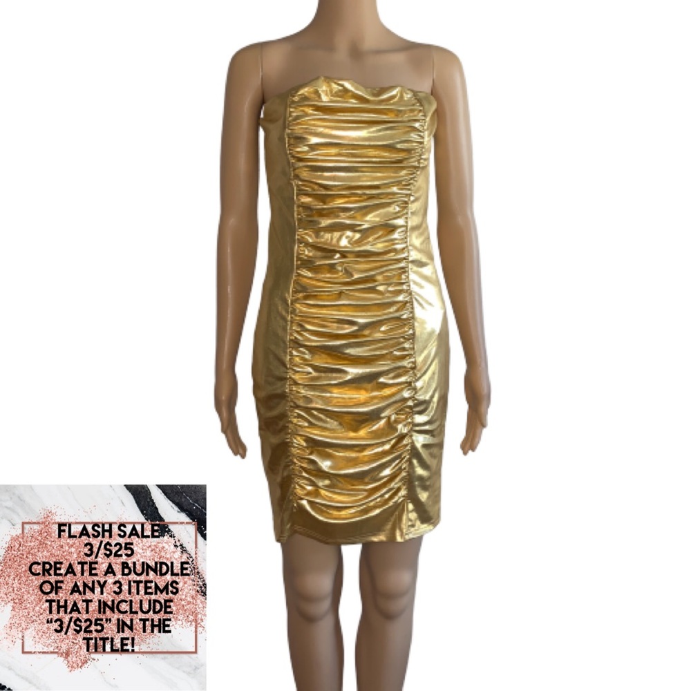 3/$25 | Gold Shiny Sexy Strapless Bodycon Dress